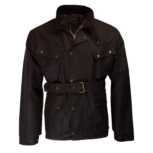 WALKER AND HAWKES Herren Outdoor-Jacke im Motorrad-Stil - gewachst - mit Gürtel & 4 Taschen - Olivgrün - 3XL (48"-50")