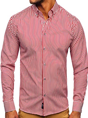 BOLF Herren Hemd Langarm Streifenhemd Freizeithemd Hemdbluse Langarmhemd Elegant Business Party Bügelleicht Farbwahl Classic Basic Slim Fit Casual Style 20726 Rot XXL [2B2]