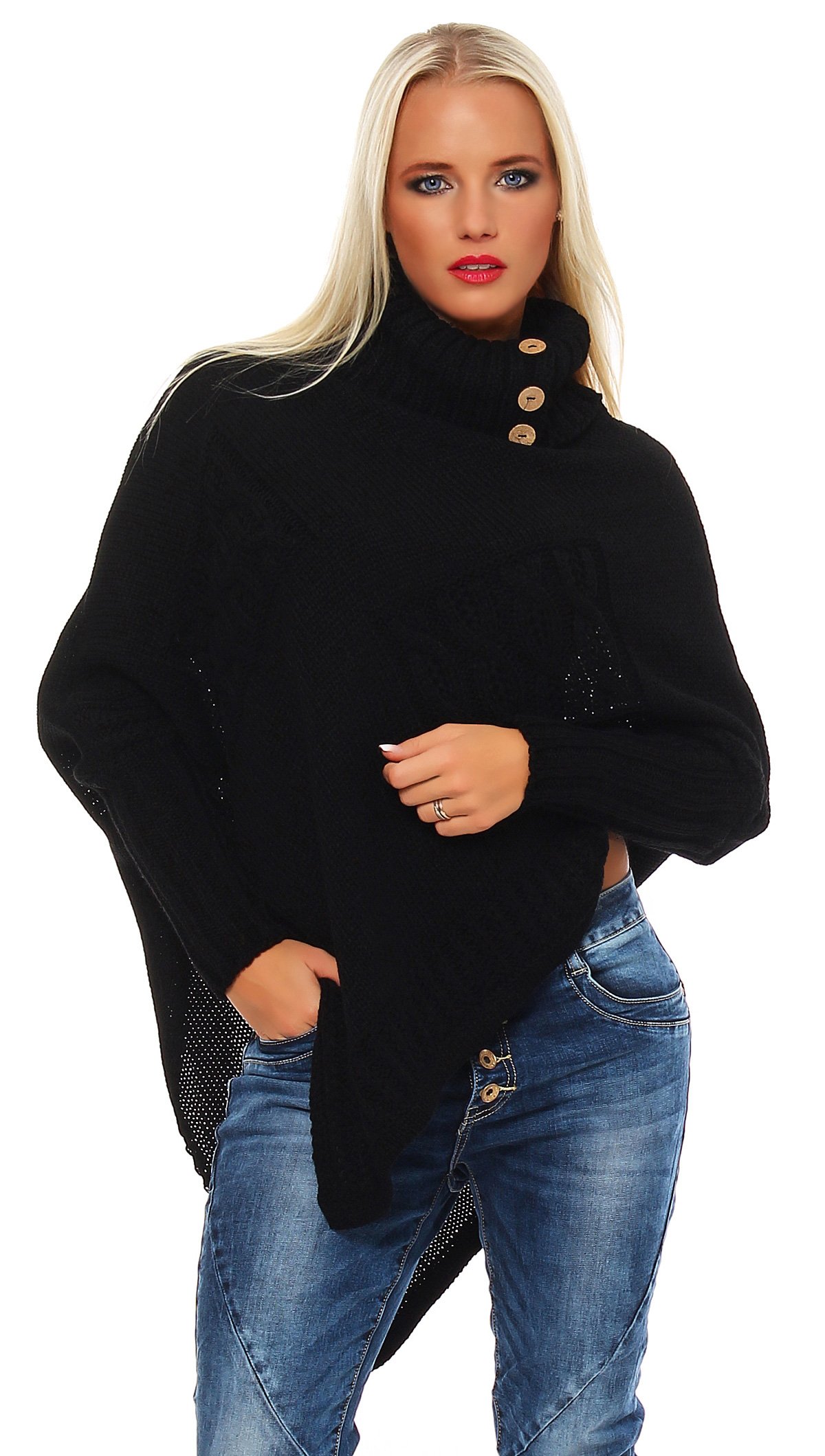 Mississhop Poncho Strick Sweatshirt Pullover Umhang Überwurf 30-01 Schwarz