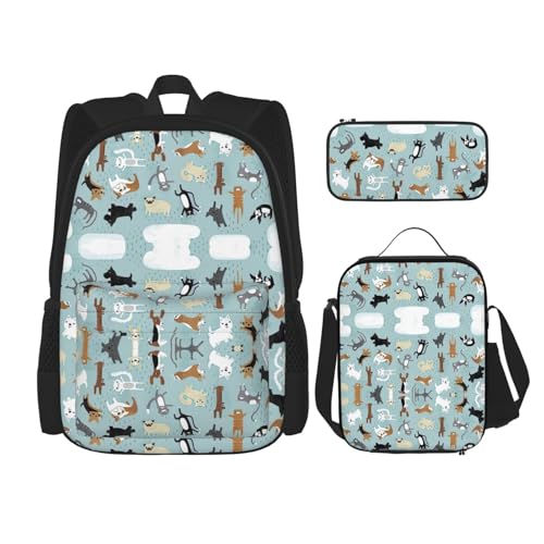 WURTON Raining Cats & Dogs Print Travel Lunch Box Pencil Case Backpack Set 3 Pieces Adjustable Straps Lightweight, Black, One Size, Schwarz, One Size