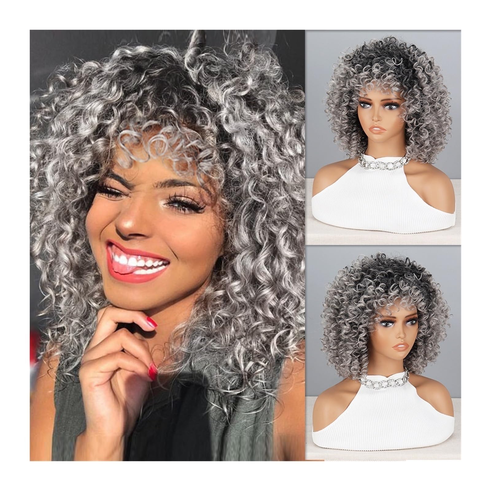 Perücken für Frauen Afro verworrene lockige Perücken mit Pony for synthetische Perücken, natürliches Haar, silbergraue Perücke, Cosplay, hitzebeständige Faser für die Tägliche Party Cosplay Tragen