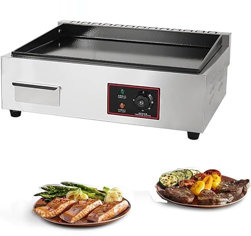 lwjunmm aus Edelstahl Grillplatte elektrischGrillfläche (glatt), stufenlos 50-300 °C (4400W), Elektrogrill mit Spritzschutz und Fett Auffangbehälter,A-110V