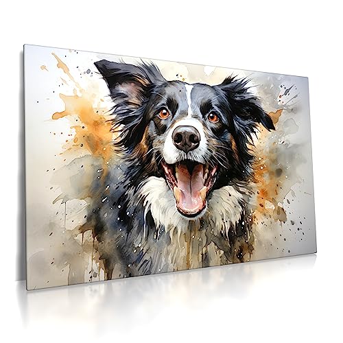 Border Collie - Leinwand Bild - Wasserfarben Aquarell Hund Wandbild aufhängefertig XXL Kunst Wand Druck Bilder Modern Art Wohnzimmer (80 x 60 cm, Leinwand, Border Collie)