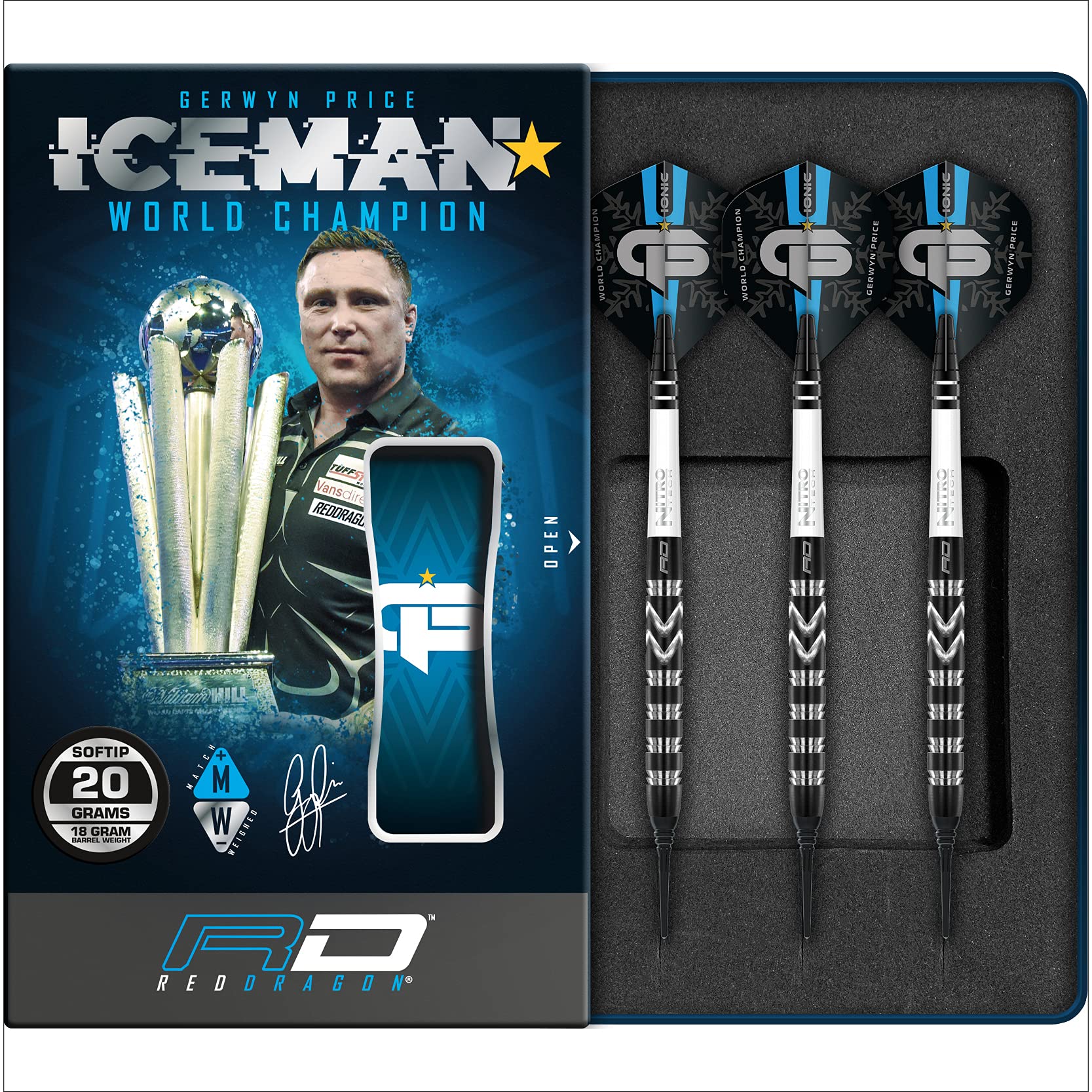 RED DRAGON Gerwyn Price Iceman Special Edition Weltmeister Softip 20 Gramm Wolfram Darts Set mit Flügen und Stielen