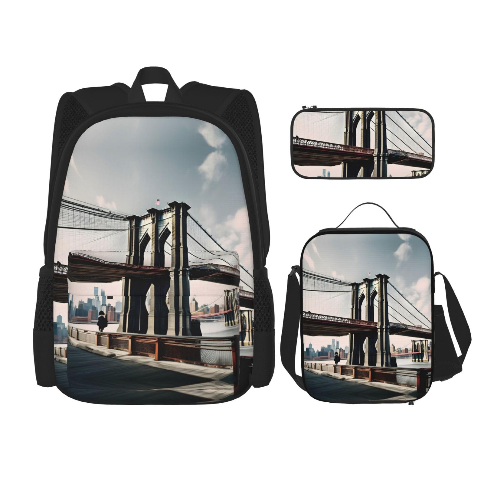 YQxwJL 3-in-1-Rucksack-Büchertaschen-Set, Motiv: rosa Pudel und Hunde, lässiger Reiserucksack, mit Federmäppchen, Lunchtasche, Brooklyn Bridge S, Einheitsgröße