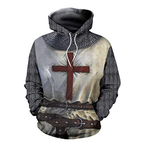 QYIFIRST Herren Tempelritter Print Kapuzenpullover Polyester Fleece Hoodies Lässige Kapuzenpullover Outdoor Travel Sweatshirt Paar Grau (Brustumfang 107cm)