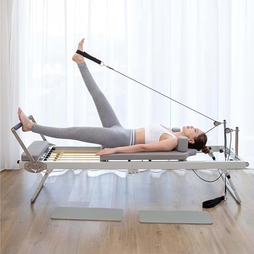 Faltbare Pilates-Reformer-Maschine – Yoga-Ausrüstung mit Einstellbarer Intensität für Heimübungen, multifunktionales Fitnessbett mit Pilates-Reformer, Beige, 175 x 57 x 72,5 cm