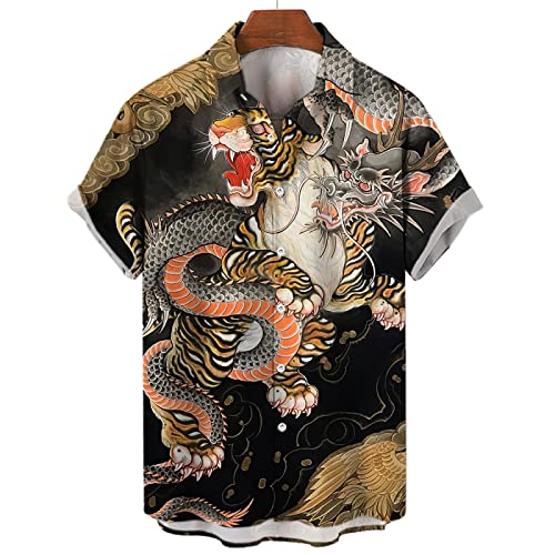 MeiLiSis Hawaiihemden Für Herren - Tiger-Drachen-Muster Sommer-Kurzarm-Tops Mit Tierdruck Lässige Übergroße Vintage-Kleidung Für Strandparty-Kostüme Wie Abgebildet, 4XL