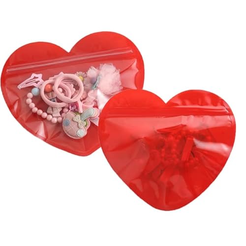 50 Stück Wiederverschließbare Herzform Flache Plastikbeutel mit Reißverschluss Vorne Durchsichtig Valentinstag Süßigkeiten Schmuck Geschenke Haarnadel Aufbewahrungsbeutel-Rot,12.7x15cm,100pcs