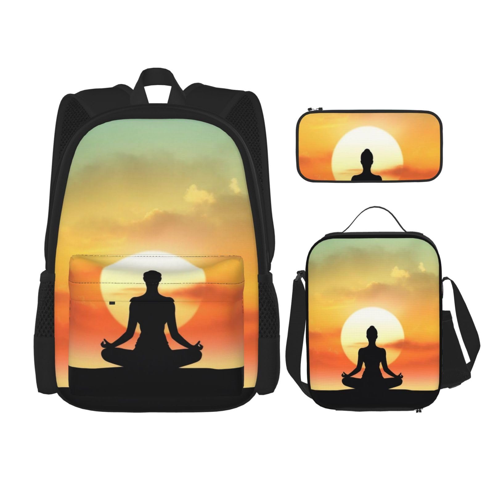 DENMER Mehrzweck-Schulranzen Marienkäfer mit passendem Federmäppchen und Lunchtasche Set - Ihre stilvolle All-in-One-Lösung, Yoga Meditation, Einheitsgröße