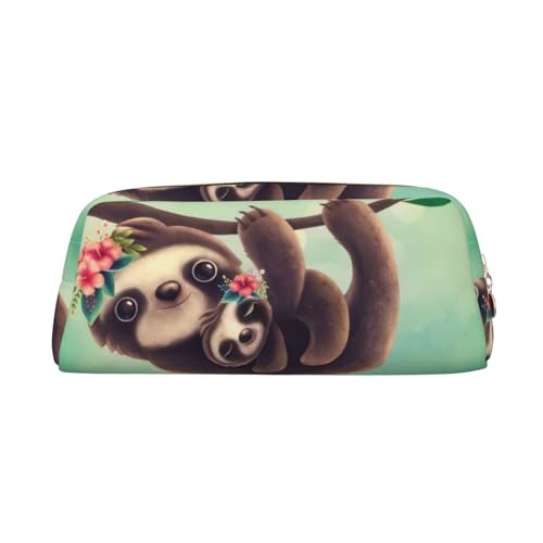 GZYL Lazy Cute Sloth Hanging The Branches Printed Leather Pencil Bag Stationery Organizer Portable Pencil Case, gold, Einheitsgröße, Münzfach