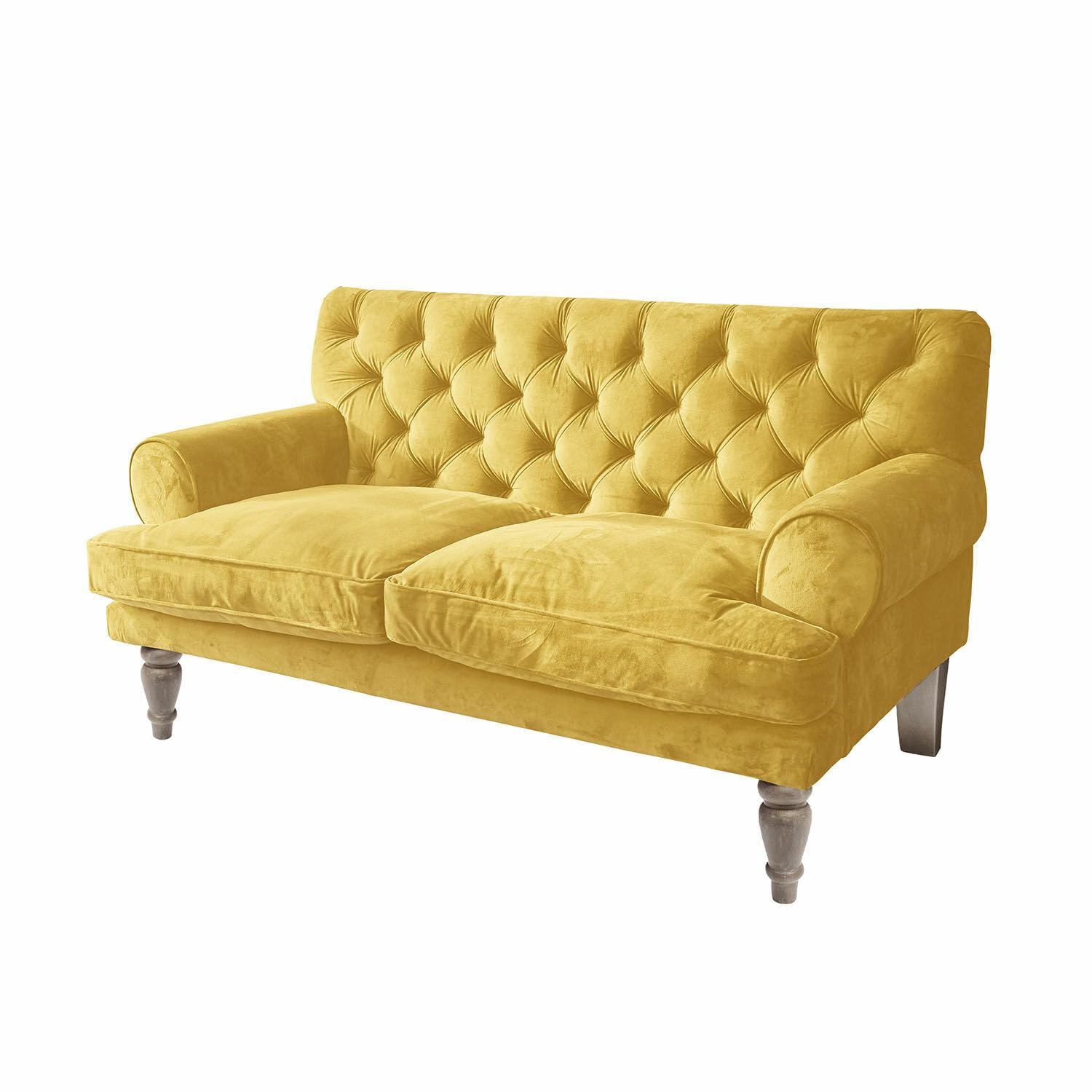 Loberon Sofa Carme, Chesterfield Steppung, weiche Haptik, Elegante Optik, abnehmbare Sitzpolsterbezüge, Sitzmöbel, Mangoholz, Polyestersamt, Polyester, gelb