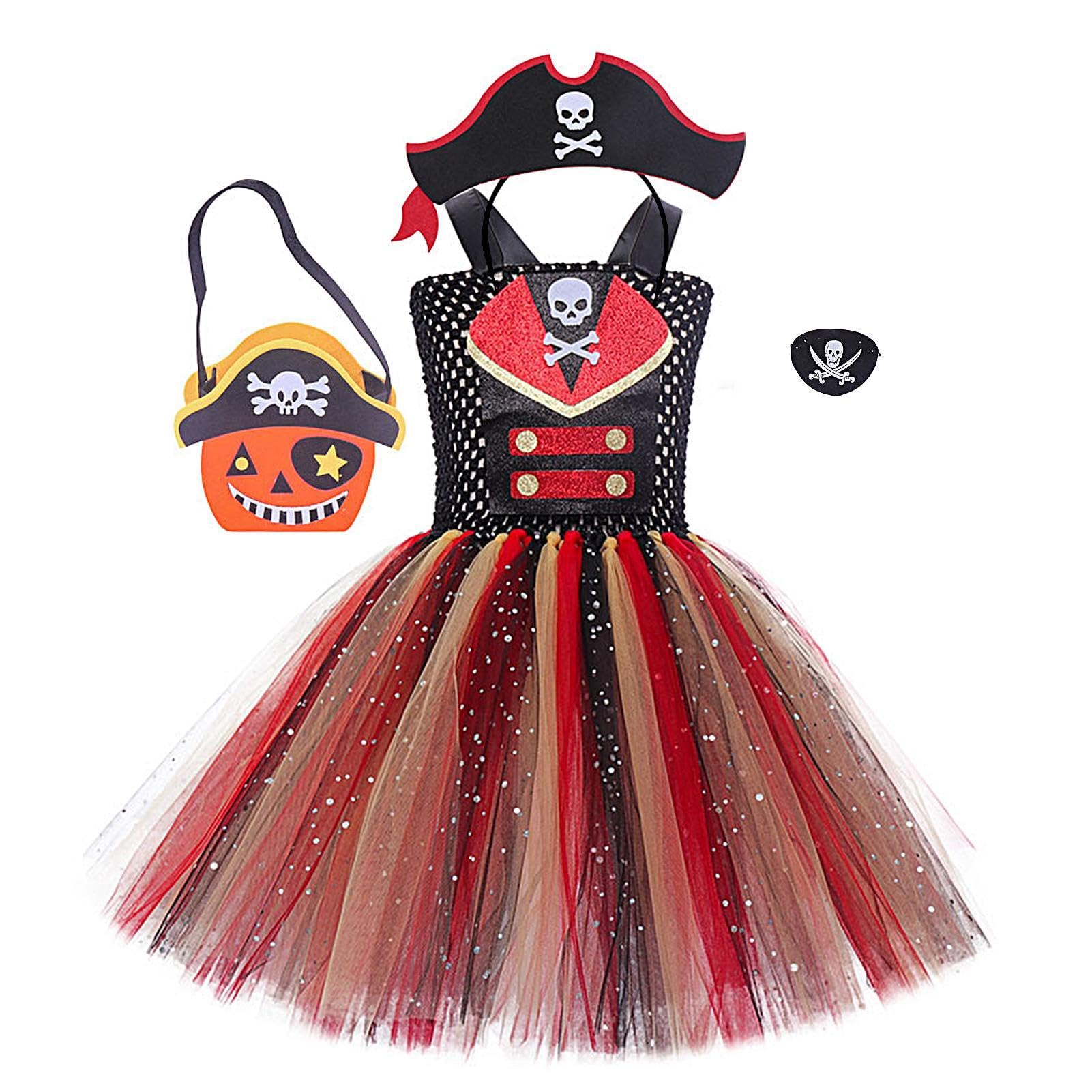 Piratenkostüm für Kinder – Cosplay, Piratenkostüm, Freibeuter-Kleid, 2–12 Jahre altes Mädchen, Halloween, Party, Rollenspiel, Kleid, Stirnband, Tasche, Augenmaske