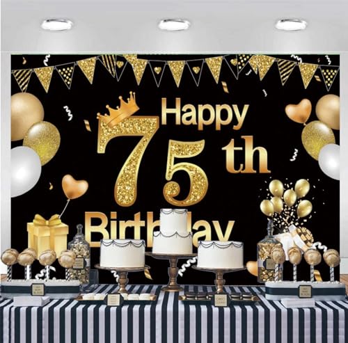 75. Geburtstag Hintergrund männer 75 Jahre jubiläum Party schwarz und Gold Luftballons Dekorationen Foto hintergrundfotografie 350x230cm