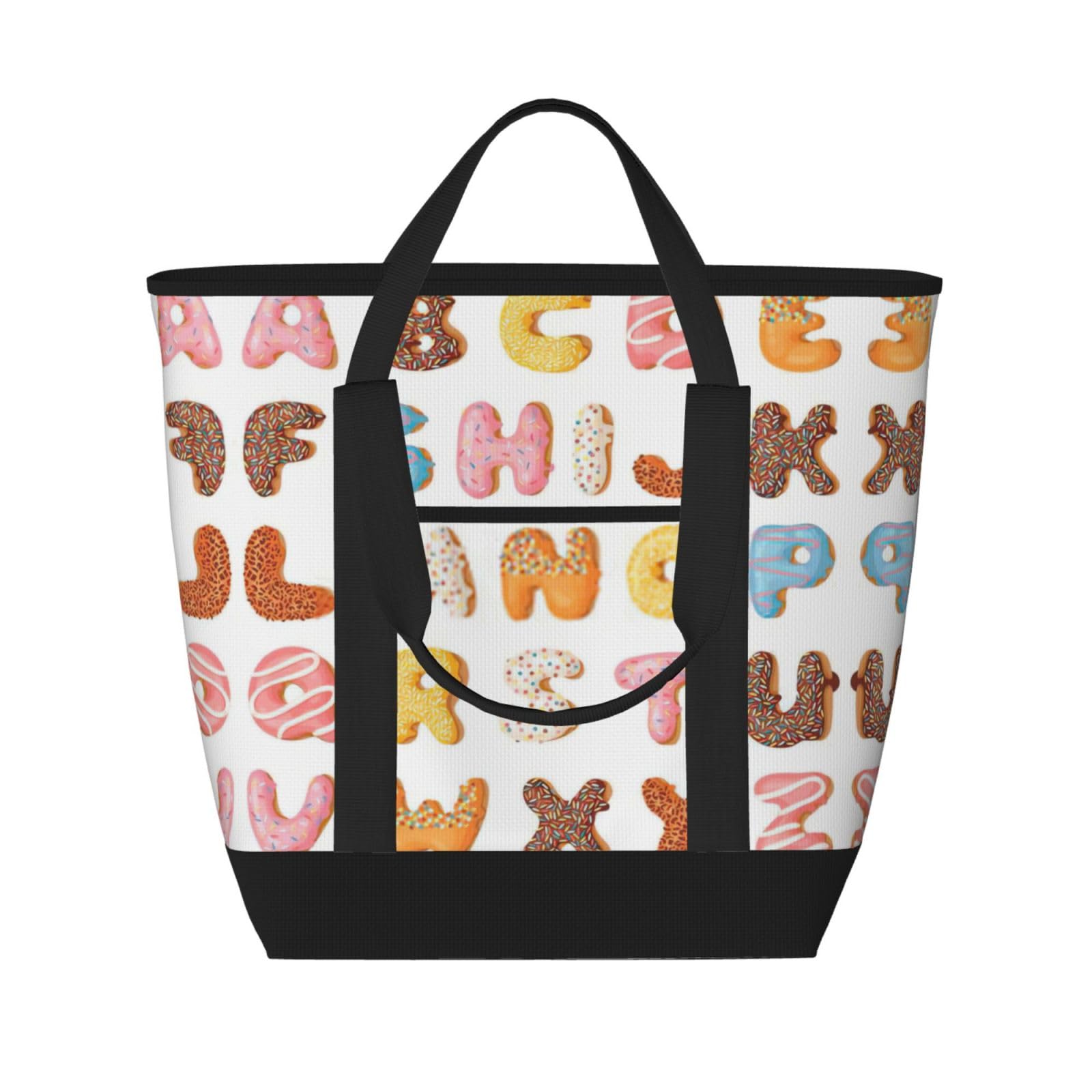 YQxwJL Pink Word Einkaufstasche mit Cartoon-Donut-Druck, großes Fassungsvermögen, isolierte Lunchtasche, wiederverwendbare Einkaufstasche mit Reißverschluss für Damen und Herren