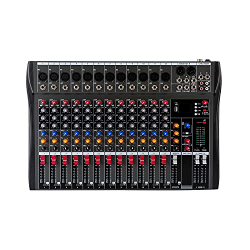 Tragbarer Bluetooth Audio Mixer, 12 Kanal Band Mischpulte mit USB-Audio-Schnittstelle, DJ Sound Mischkonsole mit MP3 Buchse für Aufnahme, DJ, Bühnen, Karaoke (12 Kanal)