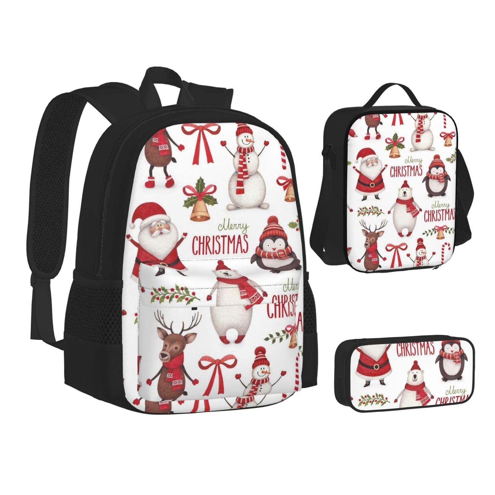 WURTON Büchertasche mit Weihnachtsmann-Motiv, 3-in-1, Schulrucksack-Set, Kinderrucksack, Lunch-Tasche, Federmäppchen, 3-in-1