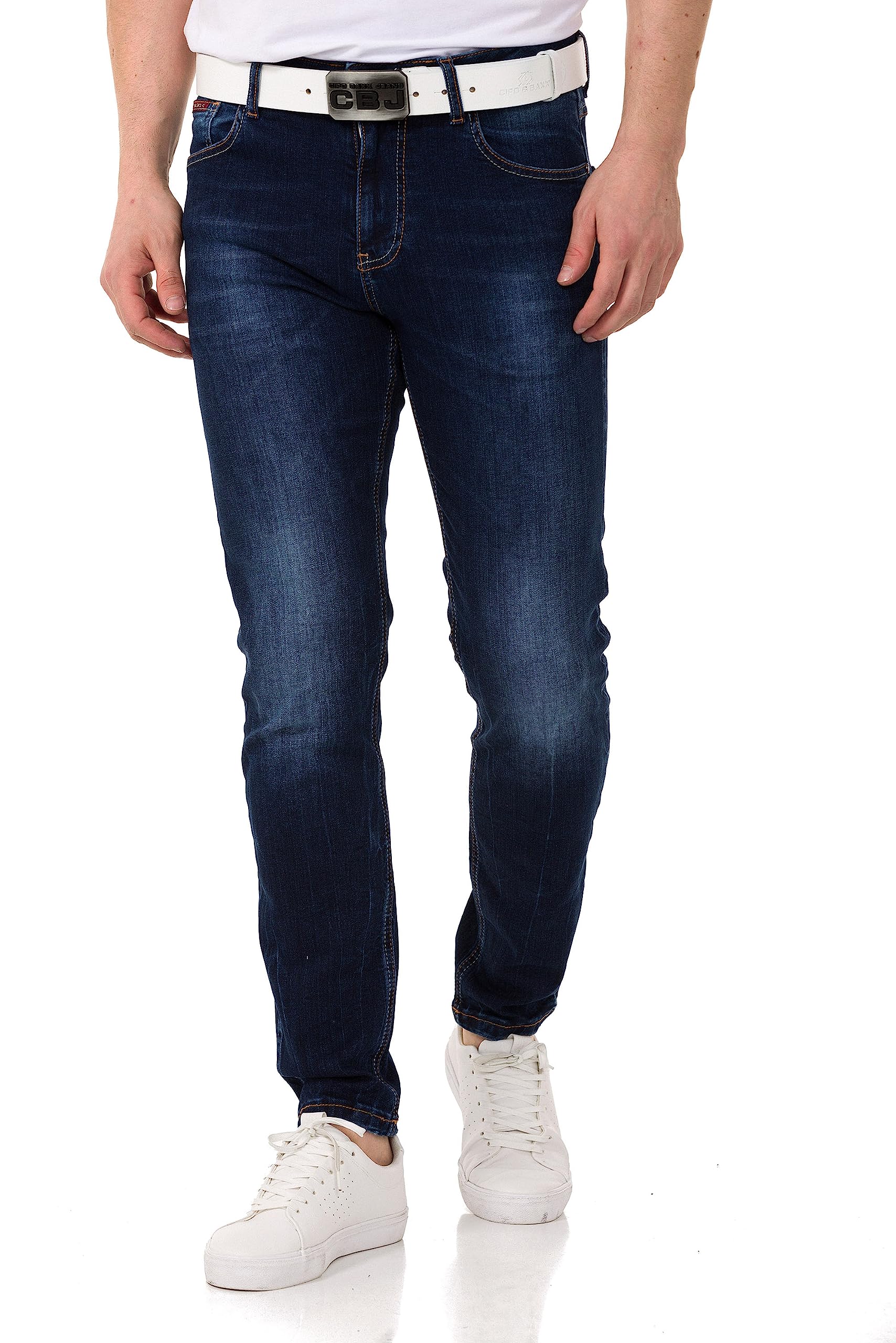 Cipo & Baxx Herren Jeanshose Slim Fit, Stretch Denim Pants im Basic-Look, 98,5% Baumwolle Jean Hose für Männer, Casual-Look Klamotten für Herren, CD820, Darkblue, W42 L34