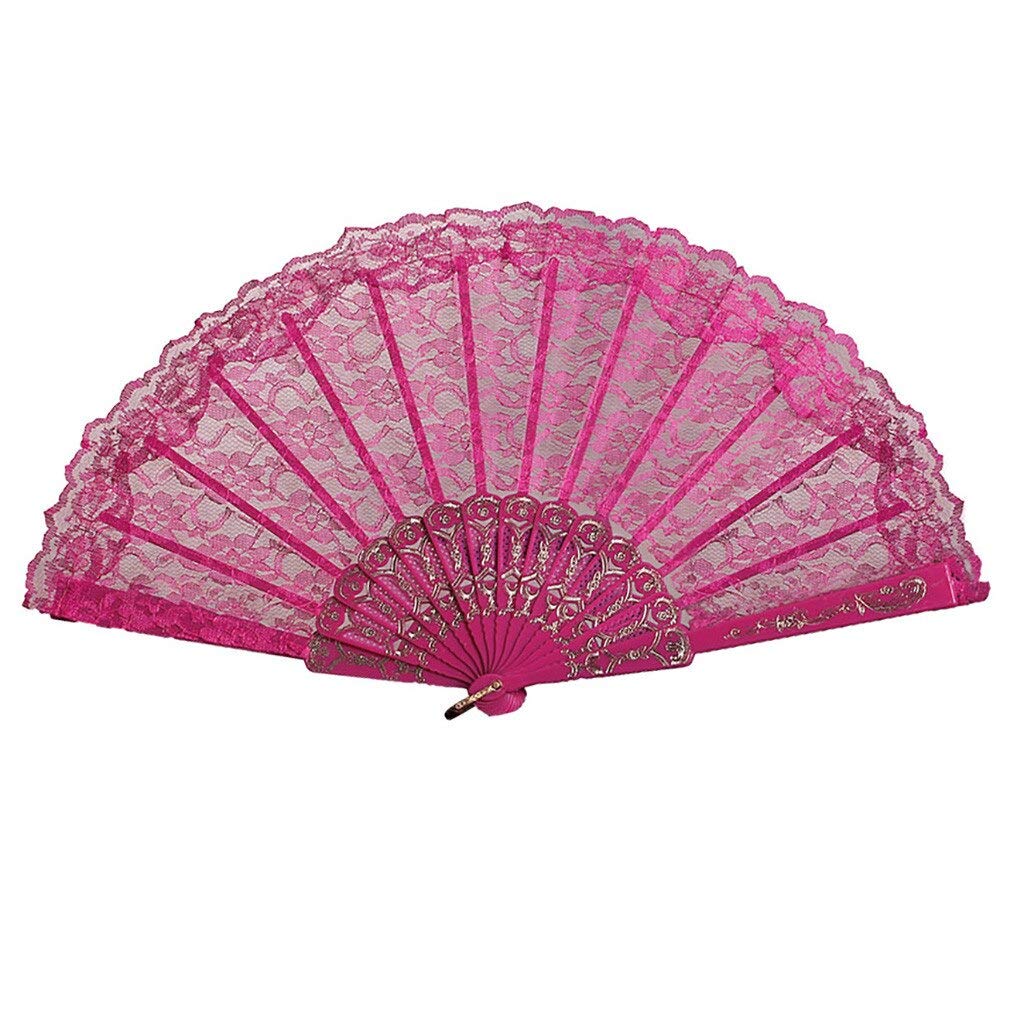 VSULZVNU Faltbarer Fächer aus Spitze, Retro-Fächer, Tanzfächer, chinesischer Stil, Tanz, Hochzeit, Party, Spitze, Seide, faltbar, Handfächer, Blumenfächer, Heimdekor-Fächer (1) (7), Rosa 1