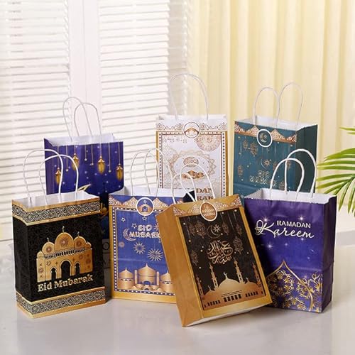 6 Stück Kraftpapiertüten Ramadan Kareem Geschenkverpackungsbeutel Islamische Partybevorzugungskeksbeutel Eid al-Fitr Dekor-Bunt,21x15x8cm