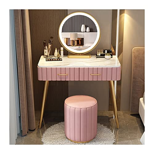 Schminktisch Modernes Make-up-Schminktisch-Set, Schlafzimmer-Kommode, einfache Marmor-Arbeitsplatte, Kommode, Make-up-Tisch, Make-up-Spiegel, Hocker, Make-up-Tisch-Set Frisiertisch Kosmetiktisch(Pink