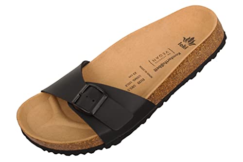 loki GRETA by Pantolette für Damen I nachhaltig & vegan, PETA-zertifiziert I flexible EVA-Laufsohle & Memory-Korkfußbett I modische Einriemer-Sandalen, Allergiker-freundlich I 37 in Schwarz