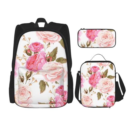 DENMER Mehrzweck-Schulranzen mit passendem Federmäppchen und Lunchtasche, rotgoldener Glitzer, Ihre stilvolle All-in-One-Lösung, Rosenblüte, Einheitsgröße