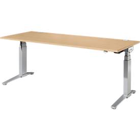 Schäfer Shop Genius Schreibtisch PLANOVA ERGOSTYLE, elektrisch höhenverstellbar, Rechteck, C-Fuß, B 2000 x T 800 x H 645-1305 mm, Ahorn/weißaluminium