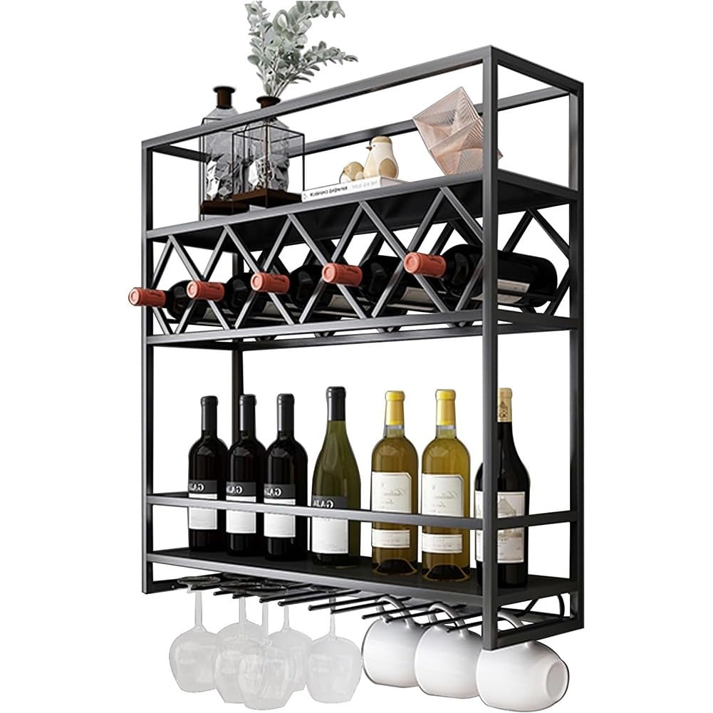 Hängende industrielle runde Weinregale, Mit LED-Licht, 3-stufiges Weinflaschenregal aus Metall mit Weinglashaken, multifunktionales Weinaufbewahrungsdisplay for Küche, Zuhause, Bar, Café(Black)