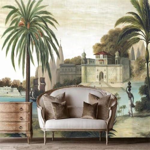 Vintage Castle River Segelboot Frau 3D Tapete Poster Restaurant Schlafzimmer Wohnzimmer Sofa TV Dekorative Wand-300cm×210cm