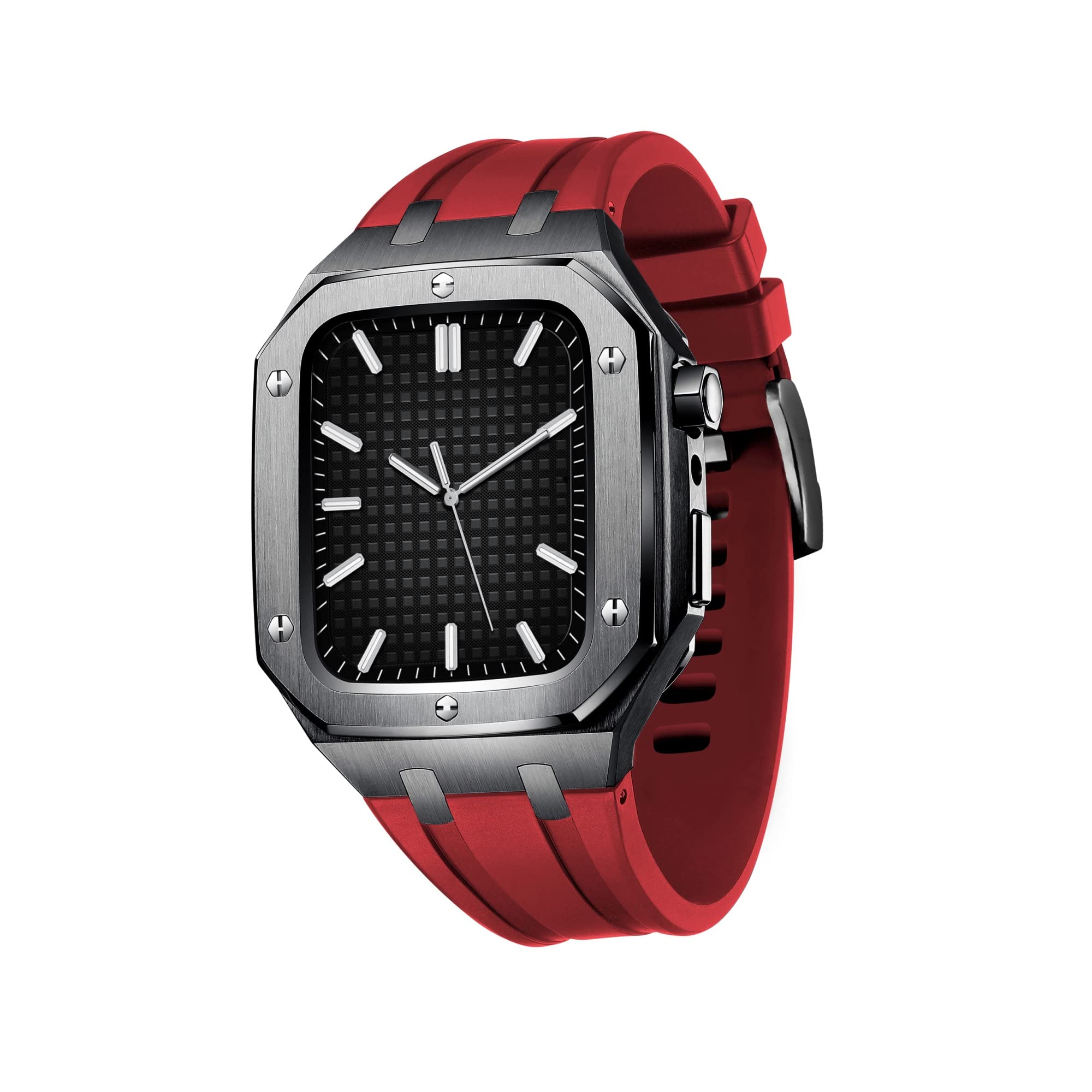 KANUZ Armband für Apple Watch, 45 mm, 44 mm, Militär-Metallgehäuse mit Silikonband, stoßfester Stoßfänger für IWatch Serie 7/SE/6/5/4, Business-Casual-Stil, Uhrenarmband (Farbe: Schwarz Rot, Größe: 44