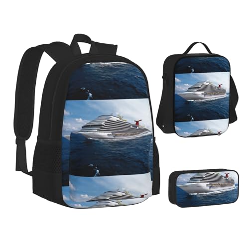 WURTON Lunchbox-Set mit Kreuzfahrtschiff-Druck, 3-in-1, Schul-Büchertasche und Federmäppchen, passende Kombination