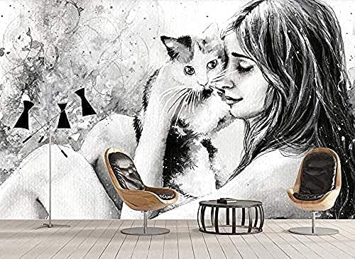 XLMING Handgemaltes Mädchen Katze Dekoration 3D Tapeten Home Esszimmer Sofa Schlafzimmer Wohnzimmer TV Hintergrund-150cm×105cm