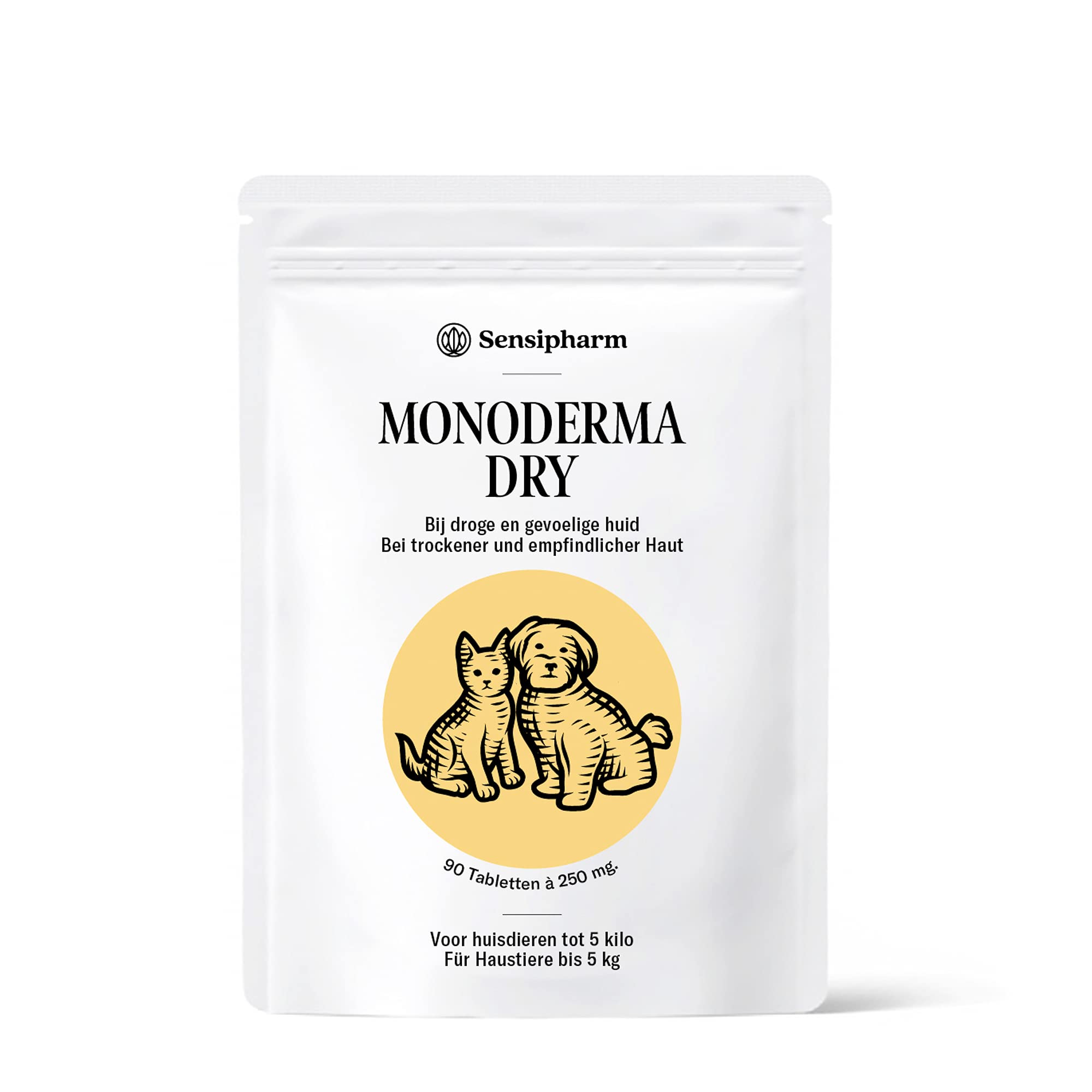 Sensipharm Monoderma Dry - Hilft Natürlich bei Trockenes Ekzem, Juckreiz, Haut, Fell, Probleme - 90 Tabletten a 250 mg. für Katzen, Hunde, Meerschweinchen, Kaninchen