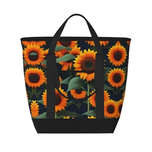 YQxwJL Isolierte Kühltasche, Einkaufstasche, Einkaufstasche, Reisetasche, Strand, wiederverwendbare Einkaufstasche für Erwachsene, Orange mit Sonnenblumen-Aufdruck, Schwarz, Einheitsgröße