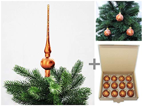 JACK by Thüringer Glas Eislack Christbaumspitze 28cm + 12x Christbaumkugeln 6cm Spitze Weihnachtskugel Set, Farbe:Braun Eislack