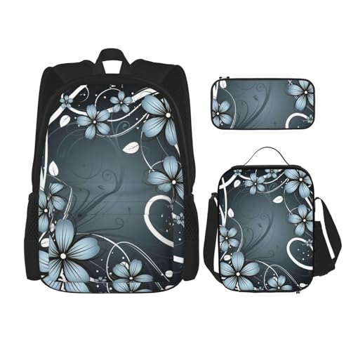 WURTON Blauer Blumendruck, trendige Rucksacktaschen, Lunchbox und Federmäppchen, 3-in-1, verstellbares Rucksack-Set, Schwarz, Einheitsgröße, Schwarz , Einheitsgröße