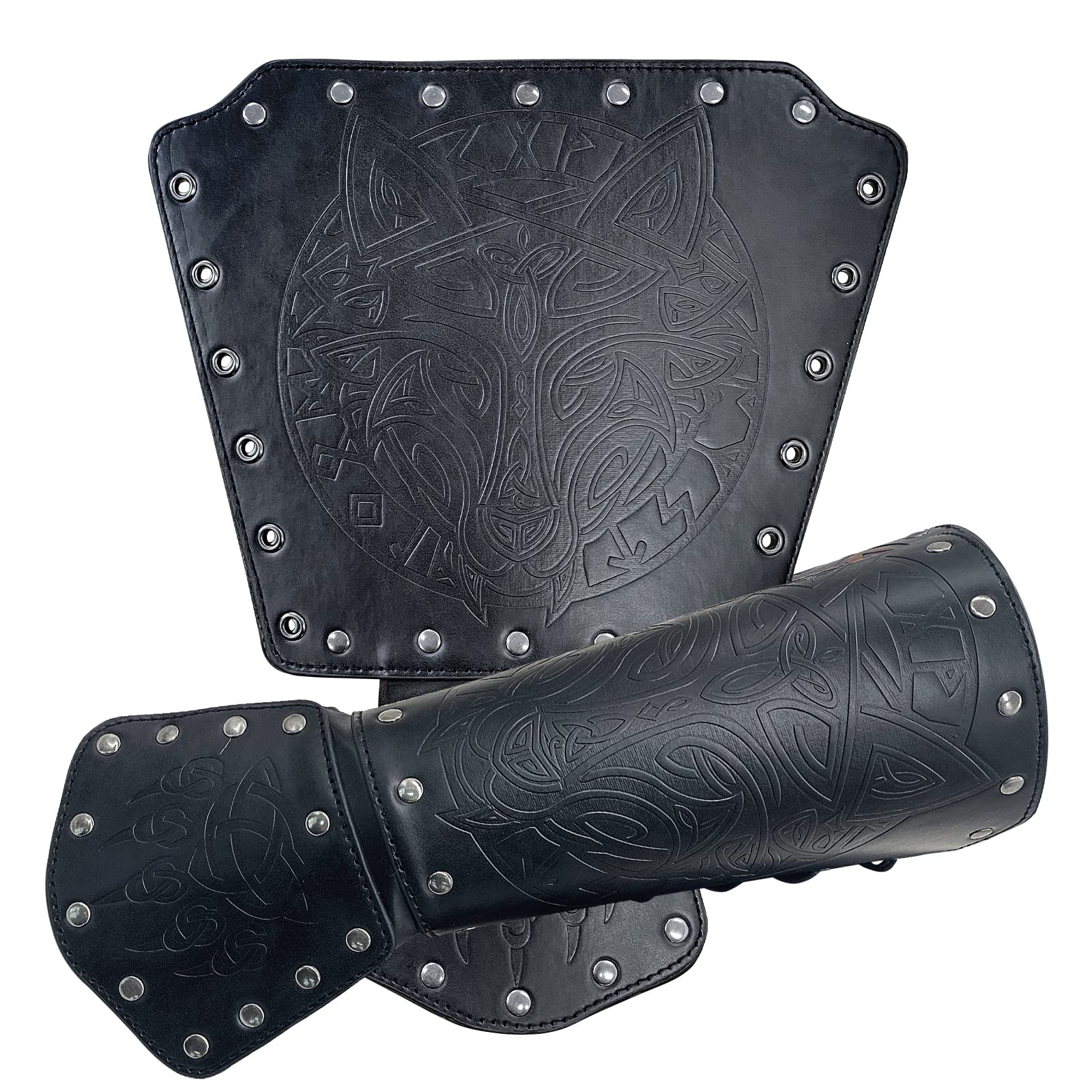 HiiFeuer Wikinger Fenrir Armschienen, Mittelalter Kunstleder Arm Rüstung Ritter Bracer LARP Halloween Kostüm (Black B)