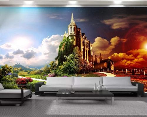 Schloss Sonnenuntergang Himmel Blume 3D Tapete Poster Restaurant Schlafzimmer Wohnzimmer Sofa TV Dekorative Wand-300cm×210cm