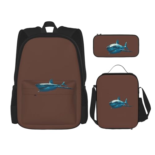 WURTON Rucksack mit blauem Hai-Druck, 3-in-1, Büchertaschen-Set, Lunchbox, Federmäppchen, Reise-Laptop-Tagesrucksäcke