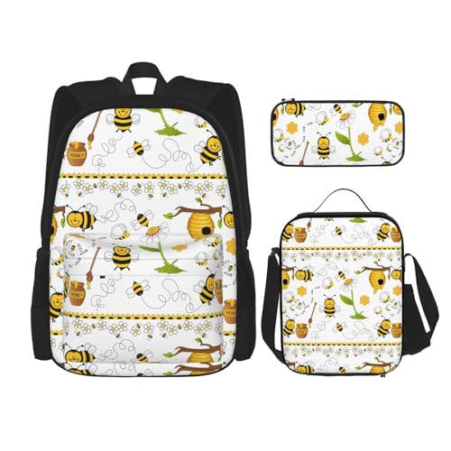 WURTON Flying Bees Daisy Honey Print 3 in 1 Sets Casual Adjustable Shoulder Backpack Lunch Bag Pencil Case Pouch Box, Schwarz, Einheitsgröße