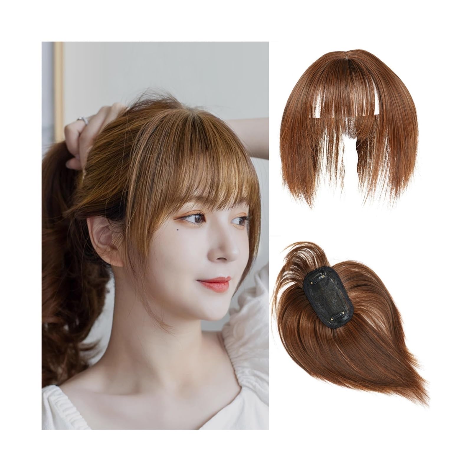 Pony Natürlich aussehende synthetische 3D-Air-Bangs-Haar-Clip-In-Verlängerung – unsichtbares Haarteil for mühelosen Stil und Volumen Pony Haarspange(Light Brown)