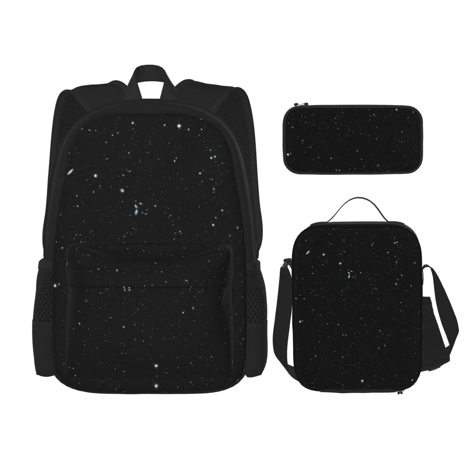 DENMER Mehrzweck-Schultasche mit Marmorstruktur, mit passendem Federmäppchen und Lunchtasche, stilvolle All-in-One-Lösung, Schwarz Glitter, Einheitsgröße