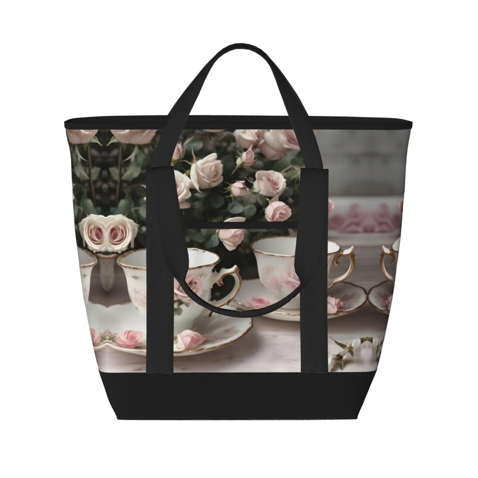 YQxwJL Teetassen mit Rosen, romantischer Shabby-Druck, großes Fassungsvermögen, isolierte Kühltasche, Einkaufstasche, Reisen, Strand, wiederverwendbare Einkaufstasche für Erwachsene, Schwarz,