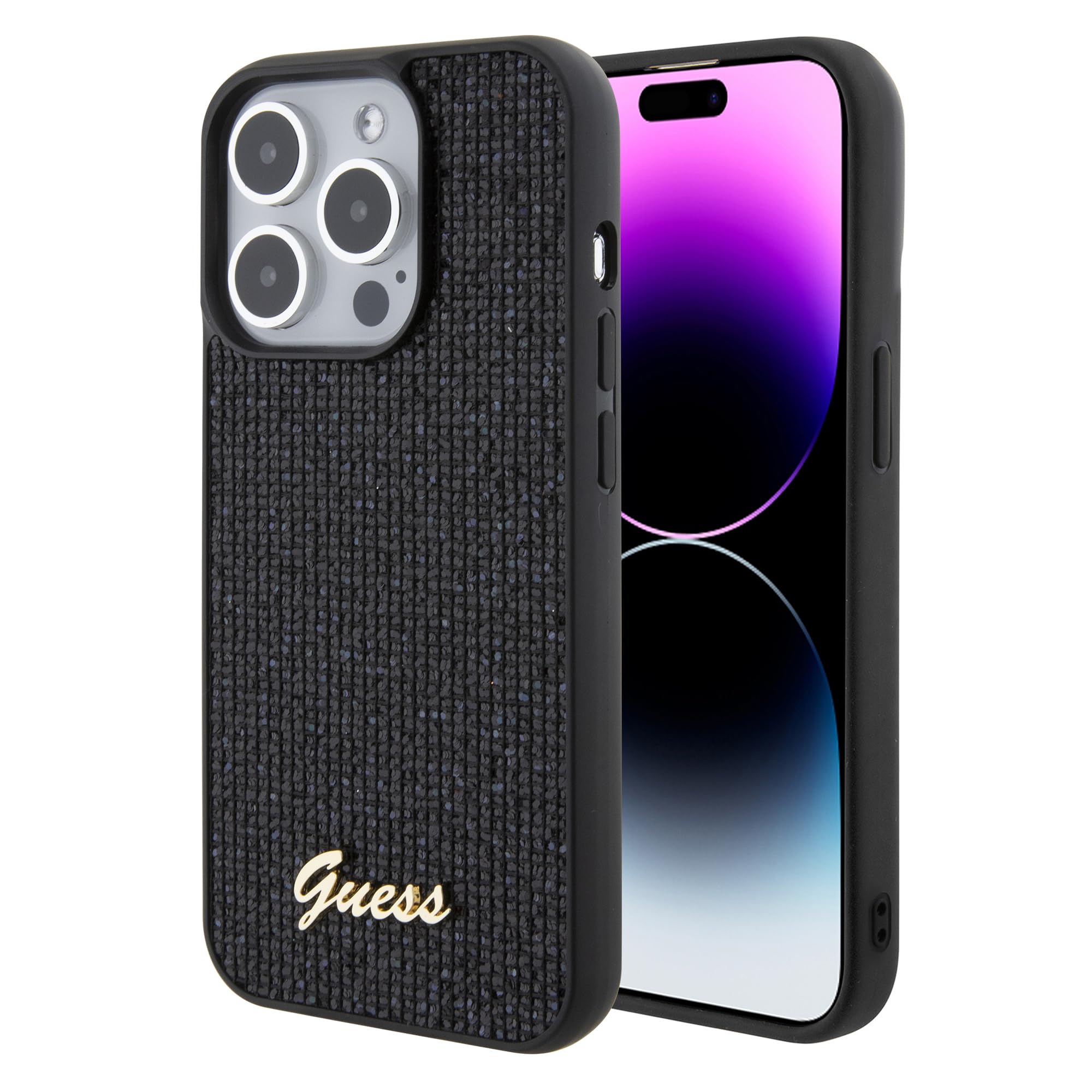 CG MOBILE Guess Handyhülle für iPhone 15 Pro mit schwarzen Pailletten, trendig und stilvoll, Silikon Glatte & Kratzfeste Schutzhülle mit einfachem Snap-on, Stoßdämpfung