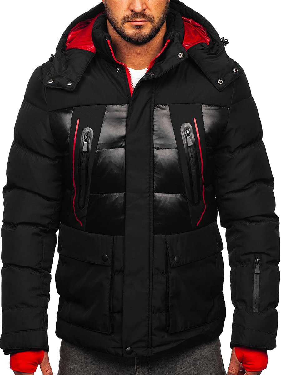 BOLF Herren Winterjacke Steppjacke Sportjacke Daunenjacke Puffer Jacket Kapuze Stehkragen Warm Gefüttert Gepolstert Wasserabweisend Winddicht Outdoor Casual Style Street Look 99527 Schwarz L [4D4]