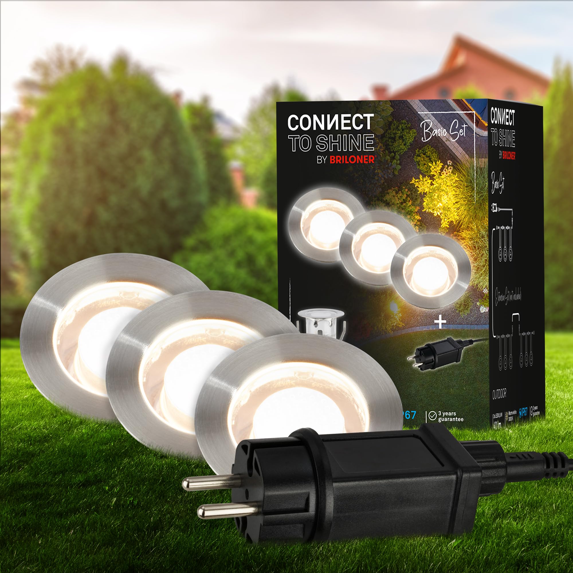 BRILONER - Connect to Shine 12V Gartensystem 3er Set LED Bodeneinbaustrahler, Basisset mit Trafo, IP67, warmweißes Licht, Gartenbeleuchtung, Bodeneinbauleuchten, 30x26 mm, Silberfarbig