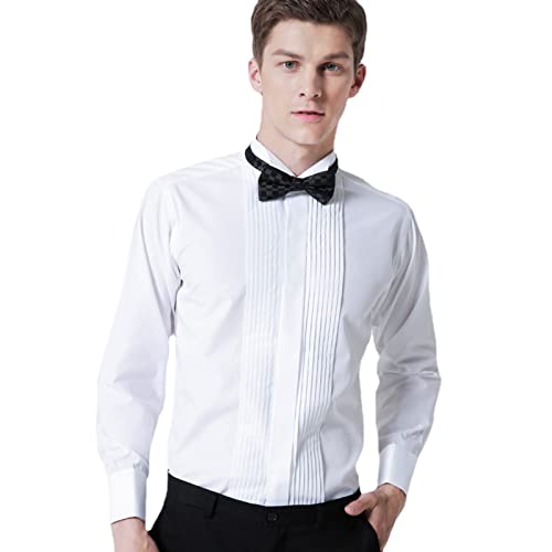 WINDEHAO Herren Kleid French Shirt Slim Fit Plissee Fold Down Kragen Hemd Abend Hochzeit Smoking Dinner Shirts mit Fliege