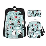 WURTON Schwarze und weiße Katzen Druck trendige Rucksacktaschen Lunchbox und Federmäppchen 3-in-1 verstellbares Rucksack-Set, schwarz, Einheitsgröße, Schwarz , Einheitsgröße