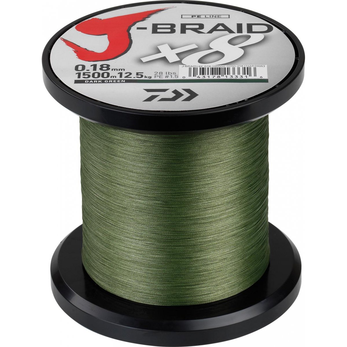 Daiwa J-Braid 8 Braid 0.35mm, 36.0kg / 79.0lbs, 1500m dunkelgrün, rund geflochtene Angelschnur